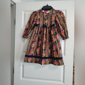 Floral Patterned Dress with Green Velvet Accents
